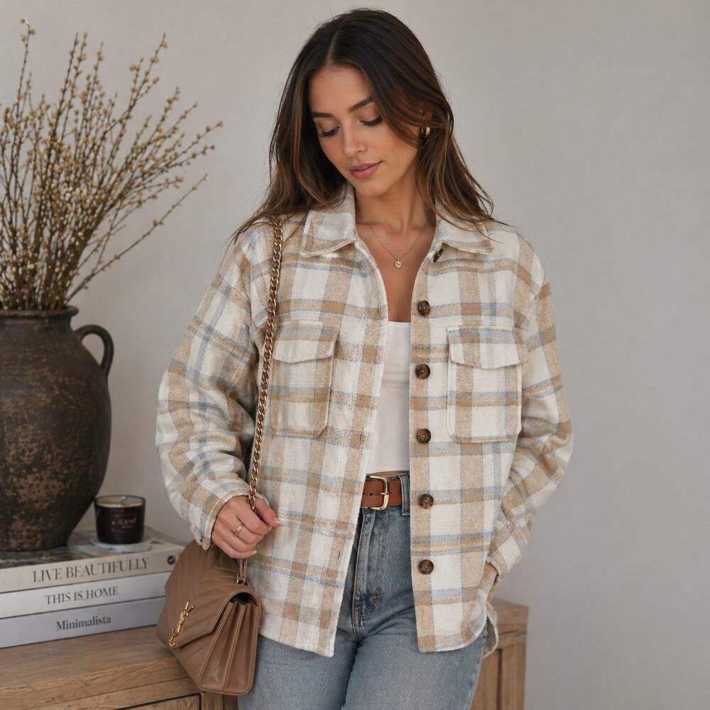 Avec Les Filles Shacket Size S Brown Blue Plaid Button Up Fleece Shirt Jacket